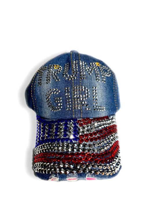 TRUMP GIRL RHINESTONE BLING AMERICAN FLAG DENIM HAT