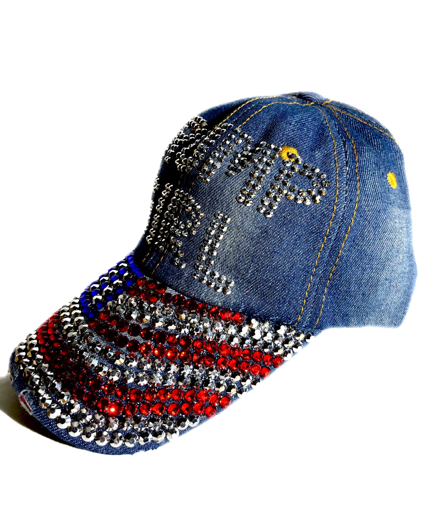 TRUMP GIRL RHINESTONE BLING AMERICAN FLAG DENIM HAT