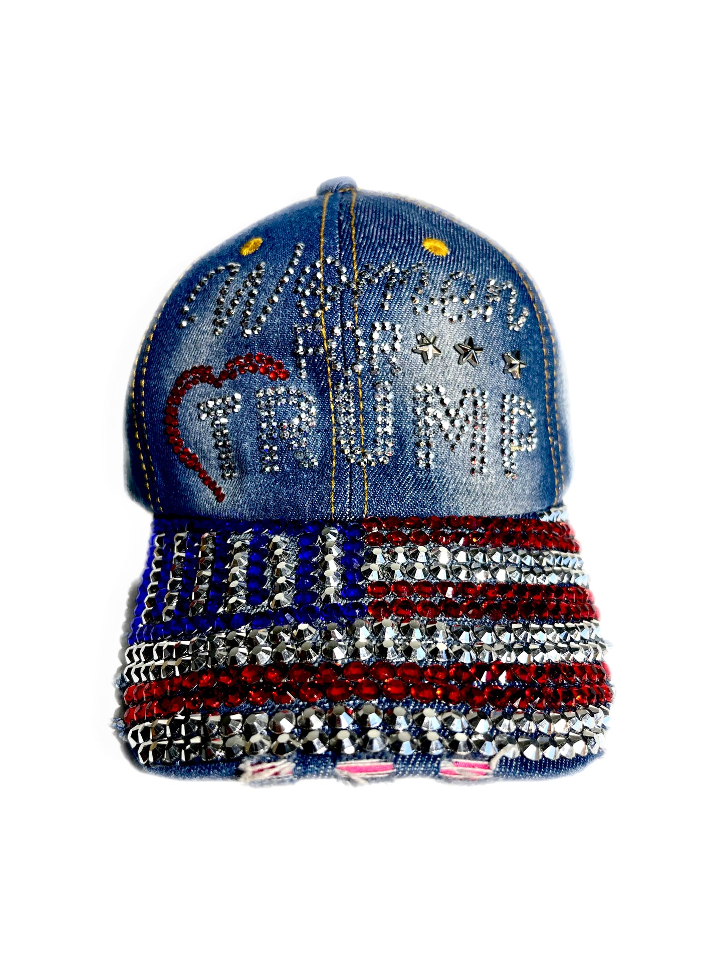 WOMEN FOR TRUMP HEART RHINESTONE BLING AMERICAN FLAG DENIM HAT