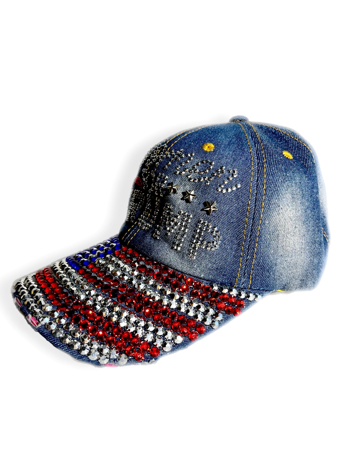 WOMEN FOR TRUMP HEART RHINESTONE BLING AMERICAN FLAG DENIM HAT