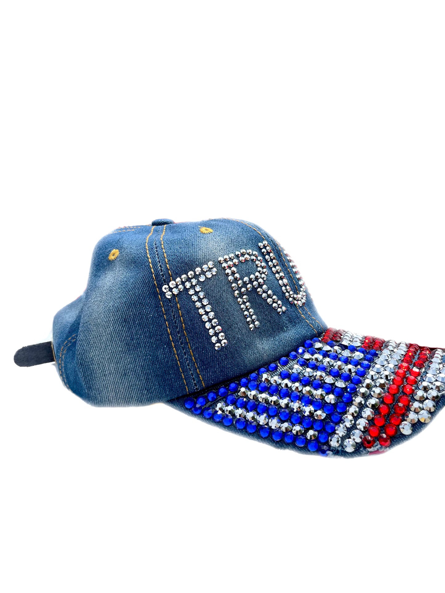 TRUMP RHINESTONE BLING AMERICAN FLAG DENIM HAT