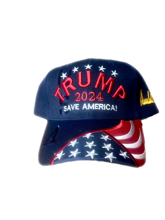 TRUMP SAVE AMERICA 2024 RED AND NAVY AMERICAN FLAG HAT